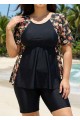 Black Floral Print Upf50+ Short Sleeves Vintage Plus Size Swimsuit Tankini Top