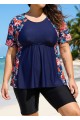 Curvy Red Floral Scoop Neck Upf50+ Short Sleeves Modest Women's Swimsuit Shirt Tankini Top