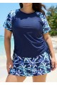 Plus Size Blue Leaf Upf50+ Short Sleeves Modest Side Drawstring Women's Swimsuit Tankini Top