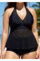 Black V Neck Cut Out Backless Lace Up Tankini Top