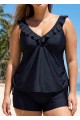 Black V Neck Plus Size Modest Ruffle Drawstring Tankini Swimsuit Top