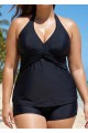 Black V Neck Waist Knot Plus Size Modest Fashion Tankini Swimsuit Top