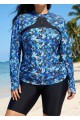 Curvy Blue Tropical Print High Neck Long Sleeves Zipper Drawstring Swim Uv Shirt Tankini Top