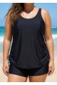 Black Solid Color Drawstring Plus Size Tankini Top