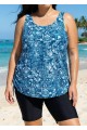 Navy Blue Floral Scoop Neck Vintage Drawstring Plus Size Women's Swimsuit Tankini Top