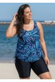 Plus Size Blue Tropical Leaf Scoop Neck Vintage Drawstring Women's Swimsuit Tankini Top