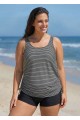 Plus Size White Stripe Scoop Neck Vintage Drawstring Women's Swimsuit Tankini Top