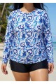 Curvy Blue And White Floral  Upf50+ Long Sleeves Side Drawstring Swimsuit Shirt Tankini Top