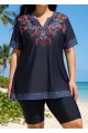 Plus Size Purple V Neck  Upf50+ Short Sleeves Modest Padded Swimsuit Long Tankini Top