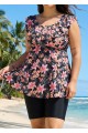 Black Pink Floral Print Scoop Neck Built In Bra Ruffle Plus Size Women's Swimsuit Tankini Top