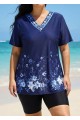 Plus Size Navy Floral V Neck  Upf50+ Short Sleeves Modest Padded Swimsuit Long Tankini Top