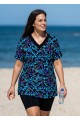 Green Iridescent Leaf Print V Neck Upf50+ Short Sleeves Flattering Curvy Swimsuit Tankini Top
