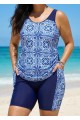 Blue Floral Print Scoop Neck Modest Built In Bra Drawstring Plus Size Women's Swimsuit Tankini Set