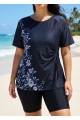 Curvy Black Floral Upf50+ Short Sleeves Vintage Side Drawstring Swimsuit Shirt Tankini Top