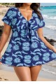 Blue Leaf Print Front Knot Short Sleeve Swimdress Set
