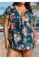 Plus Size Green Floral Short Sleeve Ladies Bathing Suits Swimdress Set