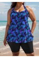 Purple Plants Print Square Neck Flowy Modest Plus Size Tankini Swimsuit Top