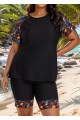 Black Plants Pullover Short Sleeve Modest Plus Size Fashion Casual Tankini Set