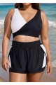 Black And White V Neck Patchwork Colorblocked Bikini Top
