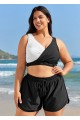 Black And White V Neck Patchwork Colorblocked Bikini Top