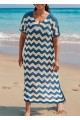 Blue And White Geometric Slit Hem Cutout Swimsuit Cover Up