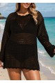 Curvy Black Hollow Crochet Knit Long Sleeves Beach Cover Ups Top
