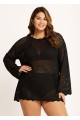 Curvy Black Hollow Crochet Knit Long Sleeves Beach Cover Ups Top