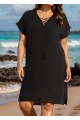 Black Lace Up Neckline Short Sleeves Plus Size Bathing Suit Cover Ups Dress