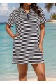 Plus Size Navy Striped Drawstring Hooded Beach Cover Ups Tee Dress
