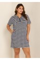 Plus Size Navy Striped Drawstring Hooded Beach Cover Ups Tee Dress