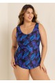 Purple Plants Print Stylish Plus Size Modest One Piece Swimsuit