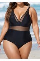 Black Mesh Adjustable Straps Women One Piece Swimsuit