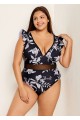 Black And White Floral Print Ruffle V-Neck Mesh One Piece Swimsuit