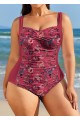 Red Floral Print Pleated Fashion One Piece Swimsuit
