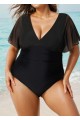 Black V Neck Mesh Flutter Sleeves One Piece Swimsuit