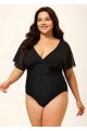 Black V Neck Mesh Flutter Sleeves One Piece Swimsuit