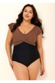 Brown Tummy Control V Neck Ruched Modest Plus Size One Piece Swimsuit