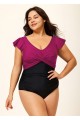 Purple Tummy Control V Neck Ruched Modest Plus Size One Piece Swimsuit