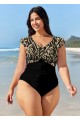 Plus Size Black Geometric Print Short Sleeve Swimsuits One Piece Swimsuit