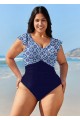 Curvy Navy Geometric Print Short Sleeve Bathing Suits One Piece Swimsuit