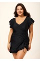 Black V Neck Petal Sleeve Vintage Modest Plus Size Drawstring One Piece Swimsuit