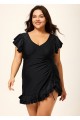 Black V Neck Petal Sleeve Vintage Modest Plus Size Drawstring One Piece Swimsuit