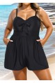 Plain Black Bowknot Pocket Gathered Romper One Piece Swimsuit