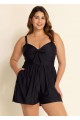Plain Black Bowknot Pocket Gathered Romper One Piece Swimsuit