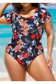 Plus Size Fashionable Floral Print Ruffle Sleeve One Piece Swimsuit