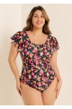 Curvy Red Floral Short Sleeve Swimsuit And Swimwear One Piece Swimsuit