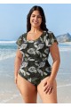 Black Leaf Print Short Sleeve Plus Size Swimsuit Swimwear One Piece Swimsuit