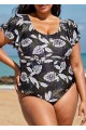 Black Leaf Print Short Sleeve Plus Size Swimsuit Swimwear One Piece Swimsuit