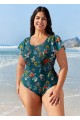 Green Floral Short Sleeve Curvy Swimwear Bathing Suits One Piece Swimsuit