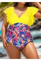 Yellow with Tropical Floral Print Ruffle Sleeved One Piece Swimsuit